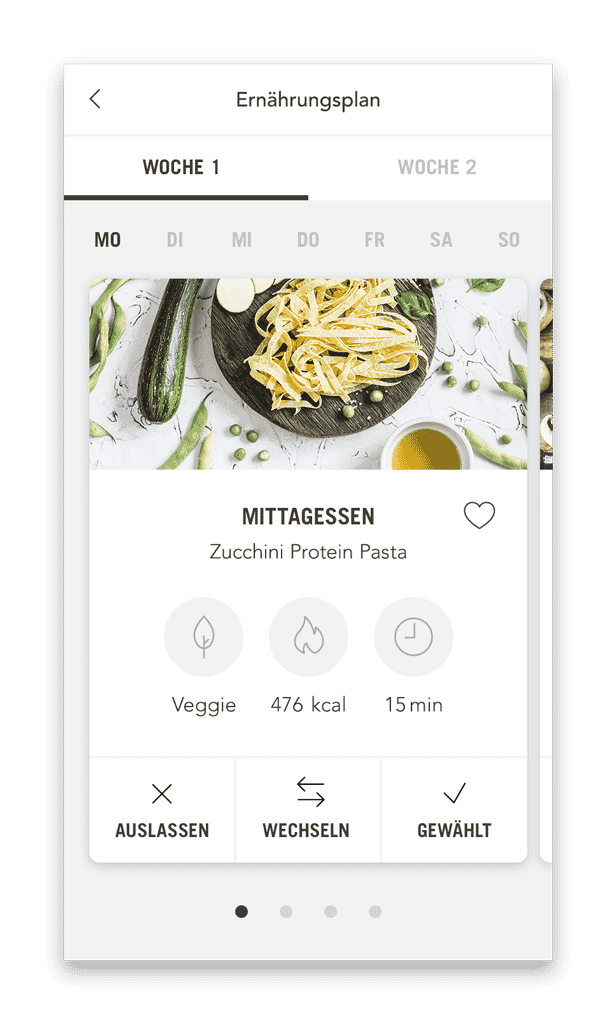 Upfit Ernährungscoach – in Kooperation mit McFIT Plan mit Mahlzeiten (Smartphone Ansicht Beispiel Tag)